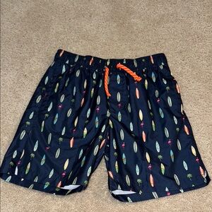 Kids Navy Surfboard Print Swim Trunks